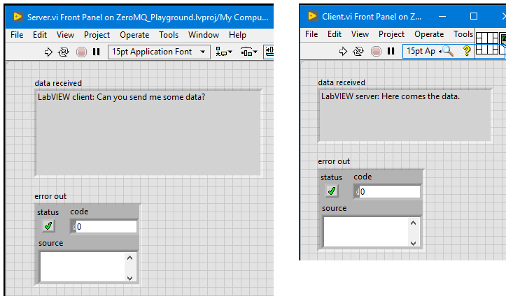 Results of the LabVIEW server and client built with the LabVIEW ZeroMQ Socket Library