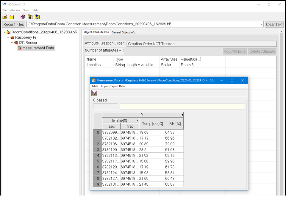 Data level view of the example data in the HDF5 view tool