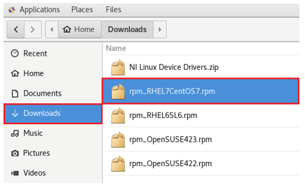 Screenshot of the downloaded rpm file belonging to the NI-VISA driver 
