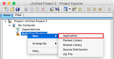 Displaying the options of the Build Specifications in a MacOS LabVIEW project 