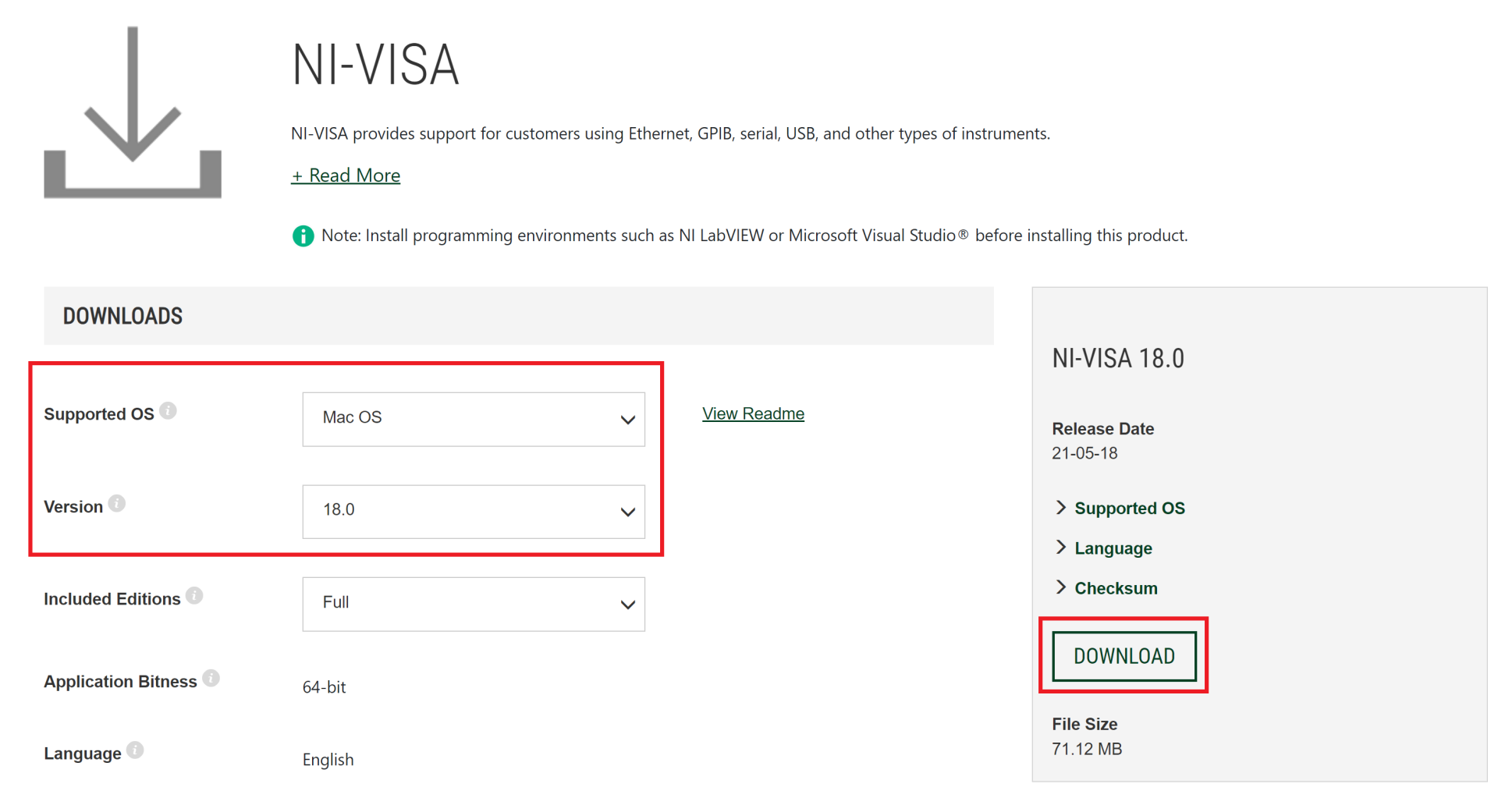 Screenshot of downloading the NI-VISA driver for MacOS from the NI website 