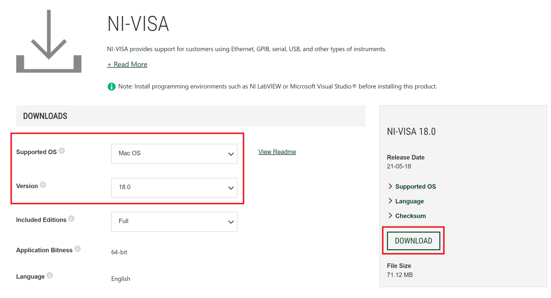 Screenshot of downloading the NI-VISA driver for Linux from the NI website 