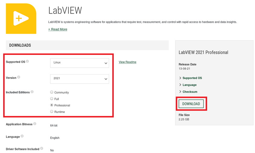 Screenshot of downloading LabVIEW for Linux from the NI website