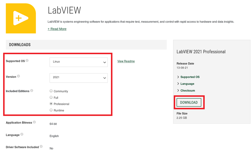 Screenshot of downloading LabVIEW for Linux from the NI website 