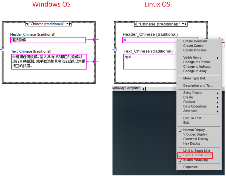 Comparison of Chinese characters on the block diagram when the corresponding VI is opened in Windows and Linux Os