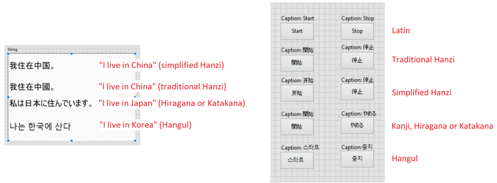 Screenshot of Chinese, Japanese, and Korean characters in a string control, and Boolean texts and captions