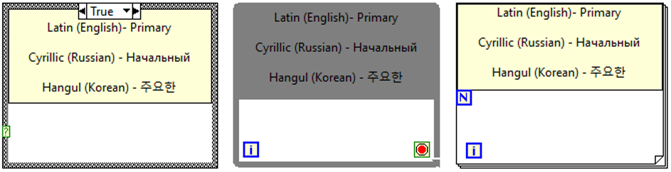 Screenshot of Latin, Russian, and Korean characters as subdiagram label texts for a case structure, while loop, and for loop