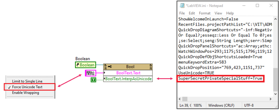 Enable “SuperSecretPrivateSpecialStuff” in the LabVIEW ini file for being able to force Unicode texts for Boolean texts