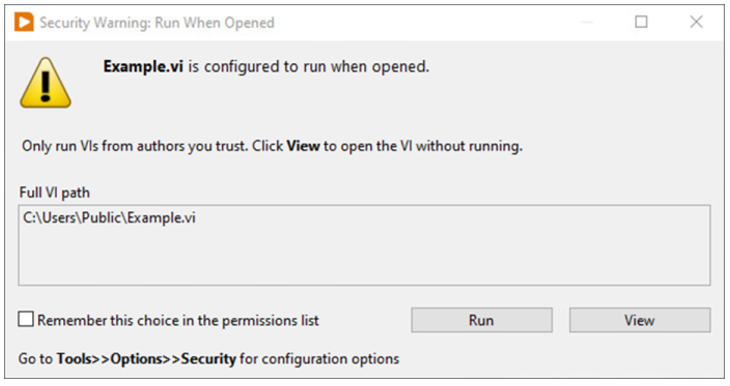 Screenshot of the dialog that appears if a VI was configured to run when opened