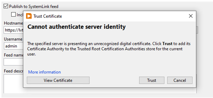 Screenshot of the trust certificate dialog window