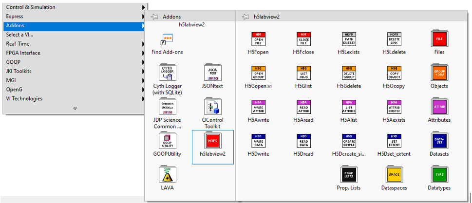 Screenshot of the h5labview functions palette